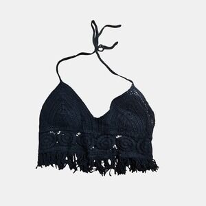 Crochet Fringed Halter Crop Top Padded S Backless Beach Indie Boho Festival‎